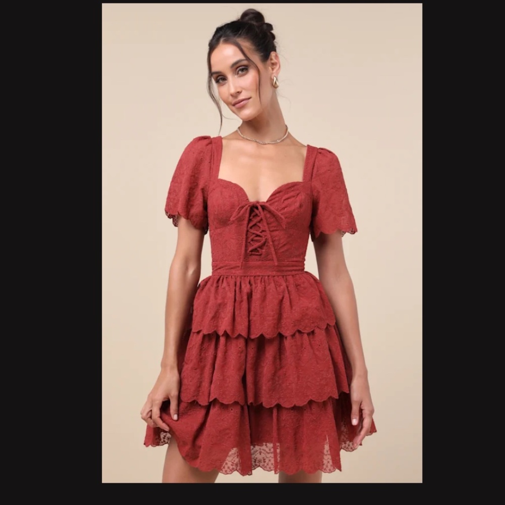 Lulus Inclined To Charm Rust Red Embroidered Tiered Lace-up Mini Dress - Size S